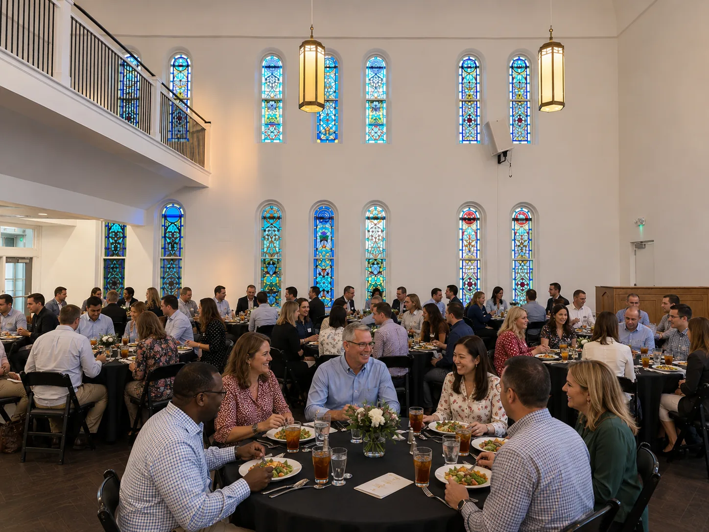Guests gathered at an event beneath the stained-glass windows