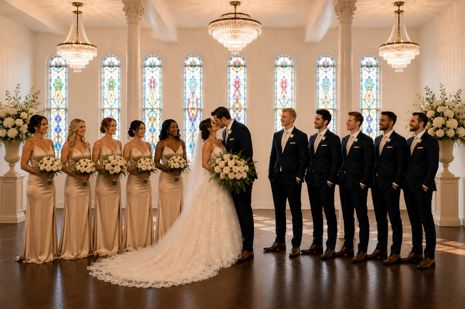 Bride and groom embracing beneath the venue's historic stained-glass window